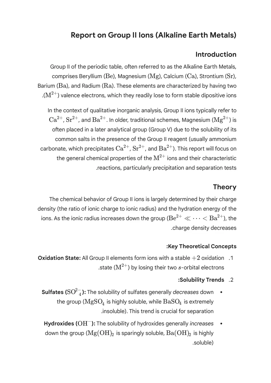 غلاف تقرير Report on Group II Ions (Alkaline Earth Metals)
