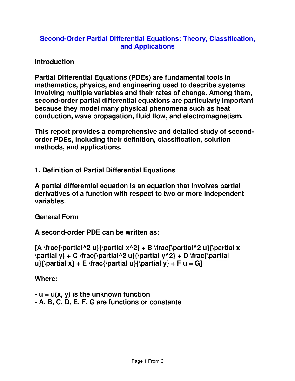 غلاف تقرير Second-Order Partial Differential Equations: Theory, Classification, and Applications