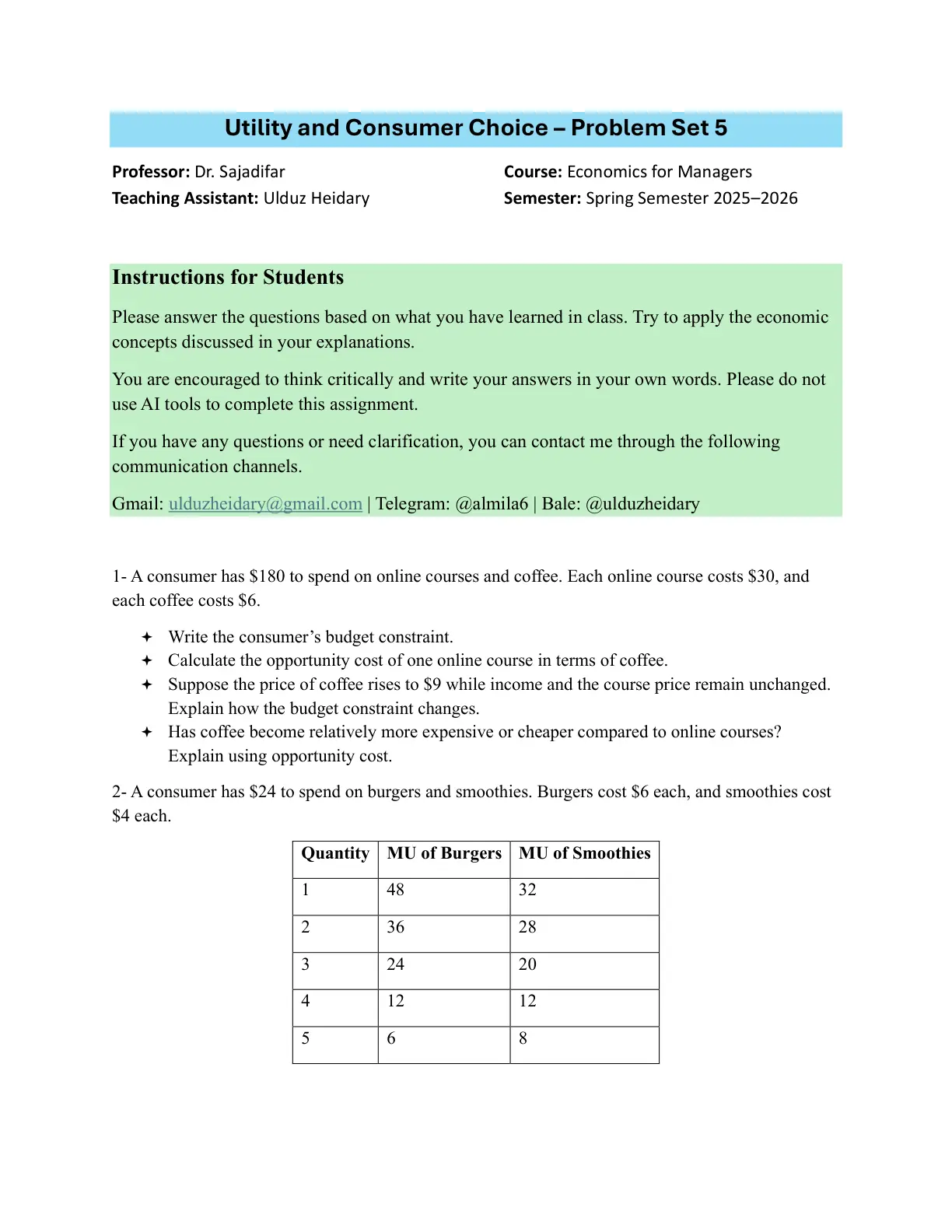 غلاف تقرير Utility and Consumer Choice - Problem Set 5