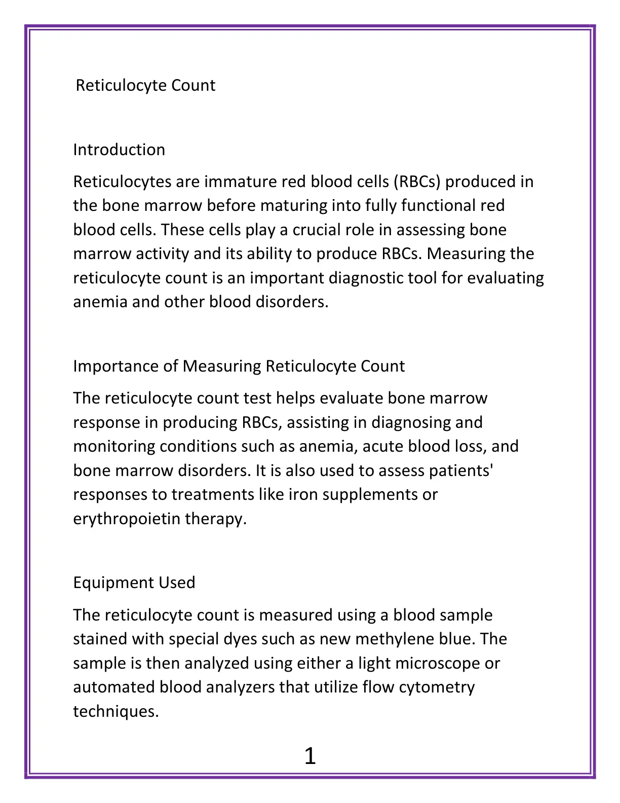 غلاف تقرير Reticulocyte Count