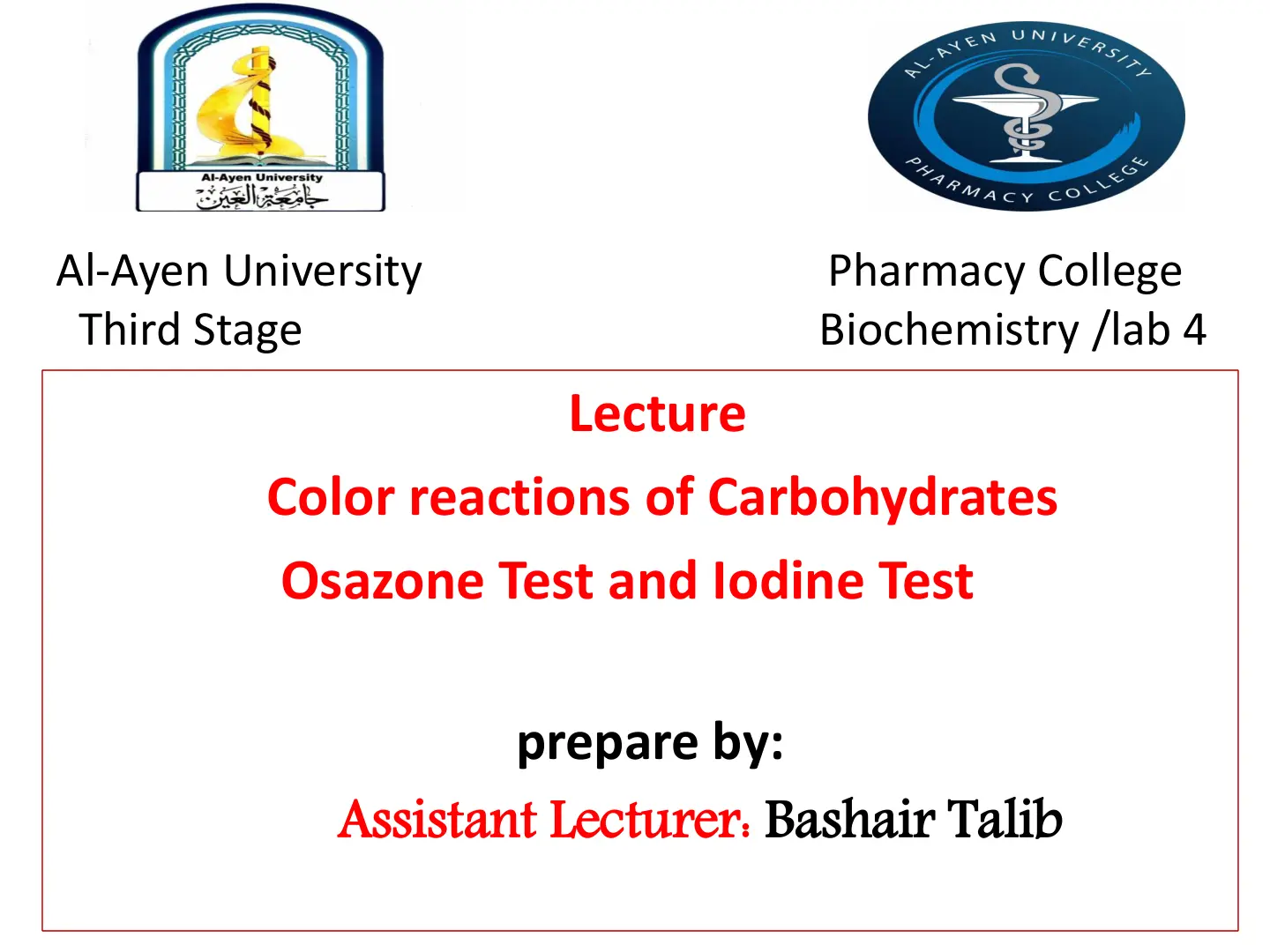 غلاف تقرير Color reactions of Carbohydrates: Osazone Test and Iodine Test