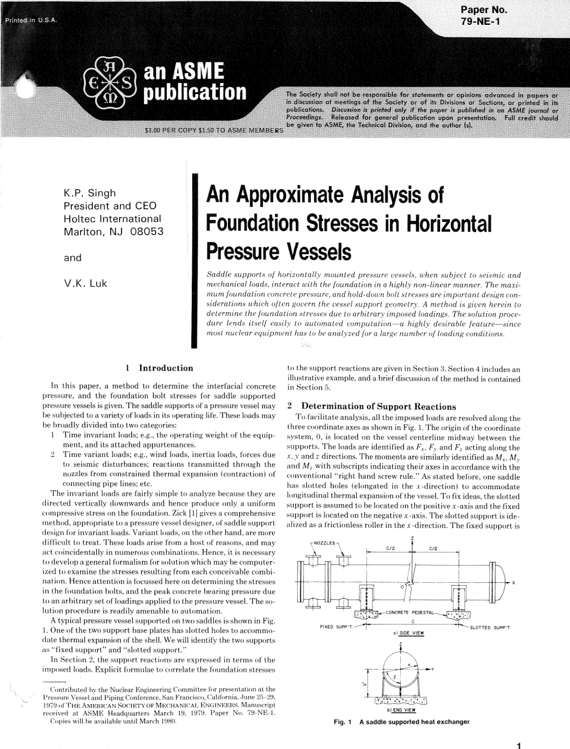 غلاف تقرير An Approximate Method for Analysis of Pressurized Horizontal Vessels Under Seismic Excitation