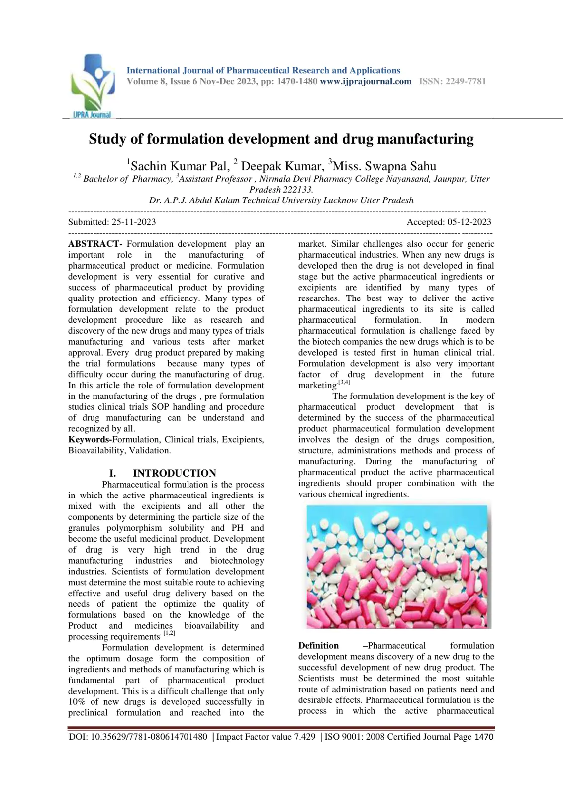 غلاف تقرير Study of formulation development and drug manufacturing