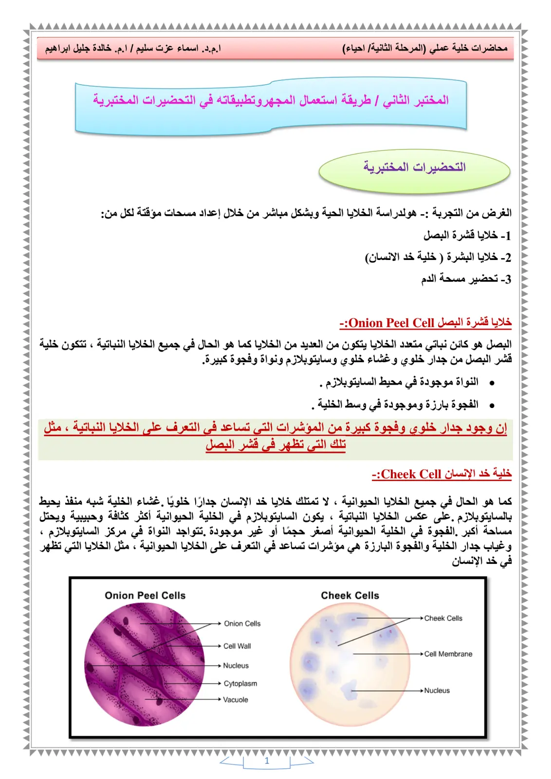 غلاف تقرير طريقة استعمال المجهر وتطبيقاته في التحضيرات المختبرية