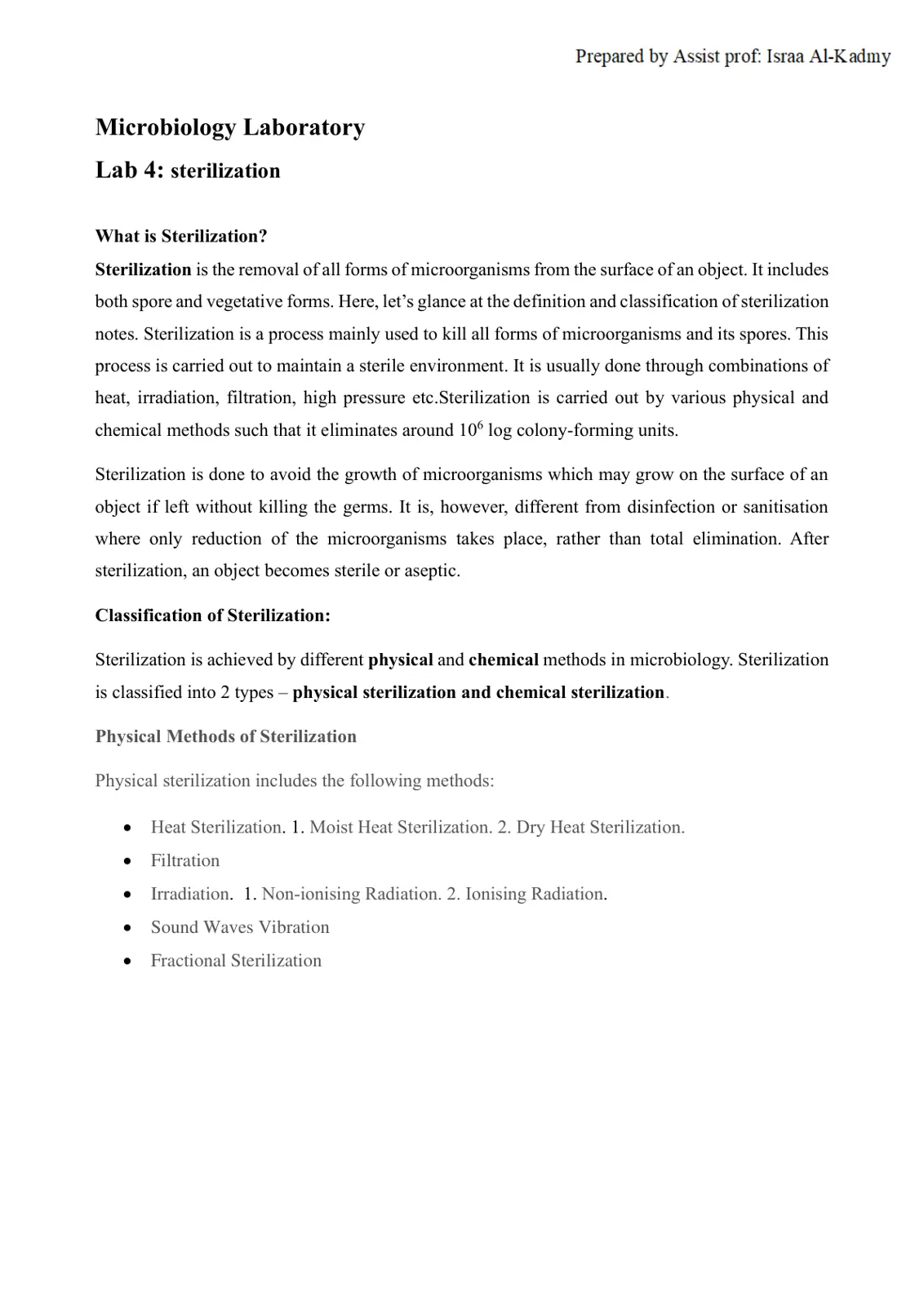 غلاف تقرير Microbiology Laboratory: Lab 4 – Sterilization