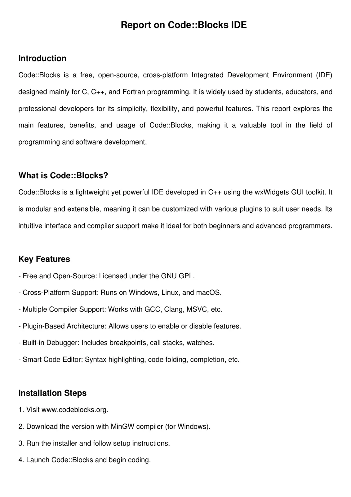 غلاف تقرير Report on Code::Blocks IDE