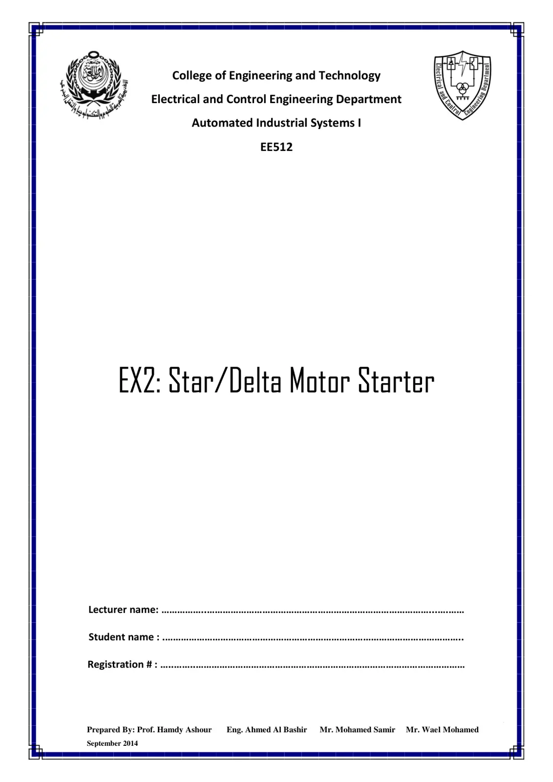 غلاف تقرير Automated Industrial Systems I EX2: Star/Delta Motor Starter