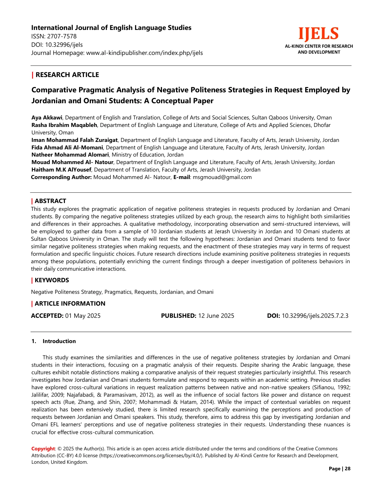 غلاف تقرير Comparative Pragmatic Analysis of Negative Politeness Strategies in Request Employed by Jordanian and Omani Students