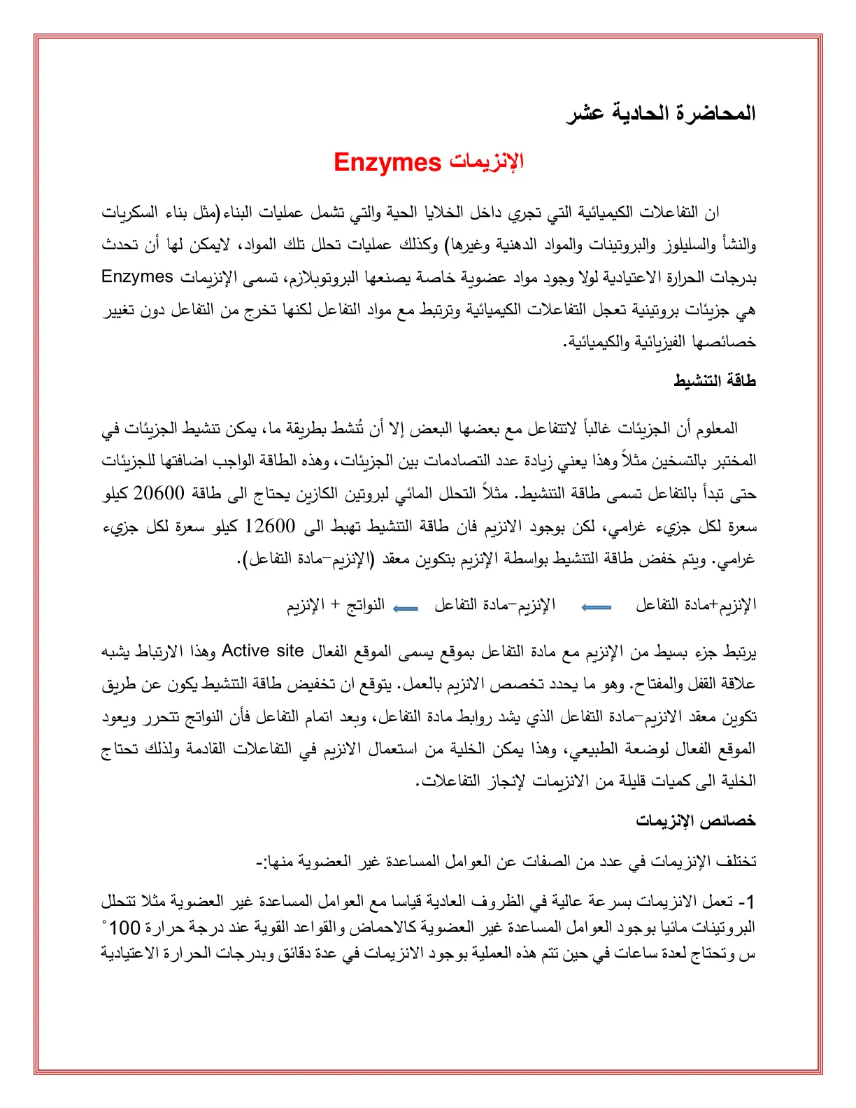 غلاف تقرير المحاضرة الحادية عشر - الإنزيمات Enzymes