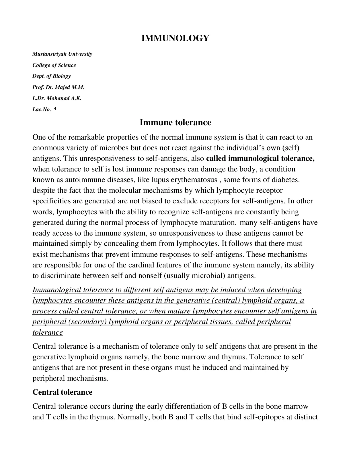 غلاف تقرير IMMUNOLOGY Immune tolerance