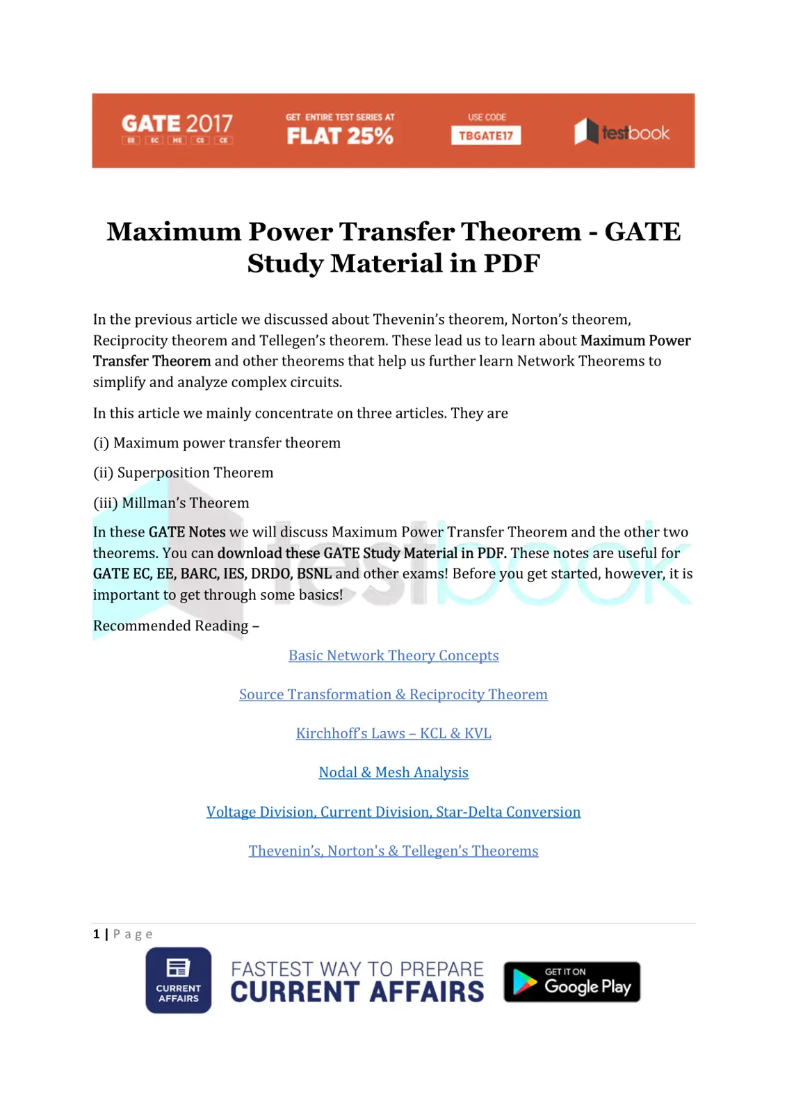 غلاف تقرير Maximum Power Transfer Theorem - GATE Study Material in PDF