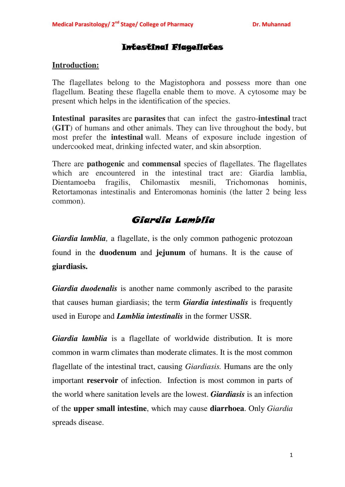غلاف تقرير Medical Parasitology / Intestinal Flagellates