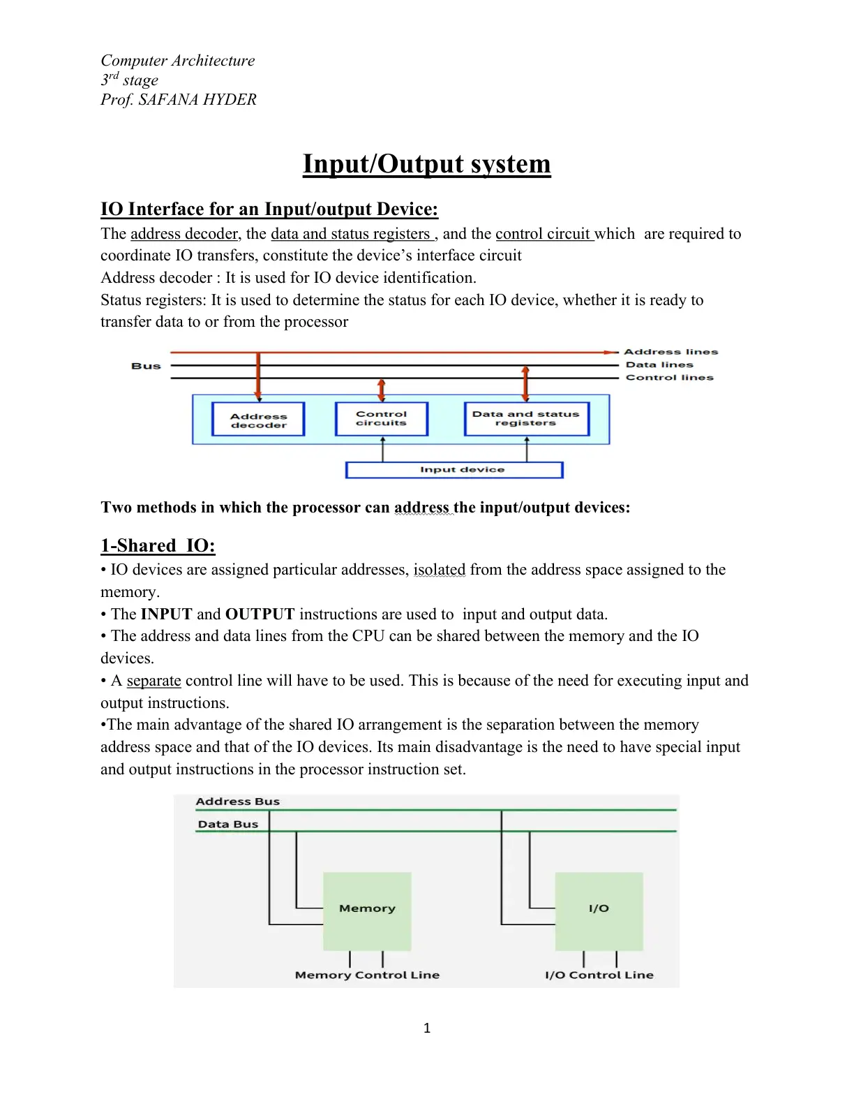 غلاف تقرير Computer Architecture - Input/Output System