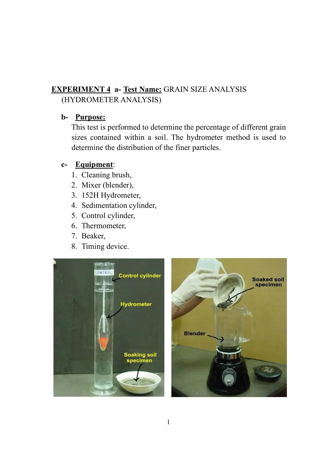 غلاف تقرير Experiment 4: Grain Size Analysis (Hydrometer Analysis)