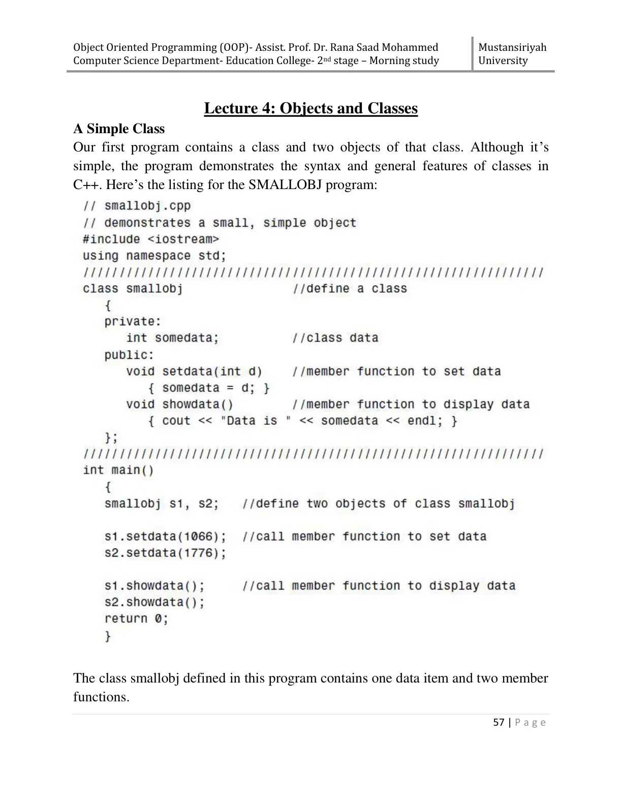 غلاف تقرير Object Oriented Programming (OOP) - Lecture 4: Objects and Classes