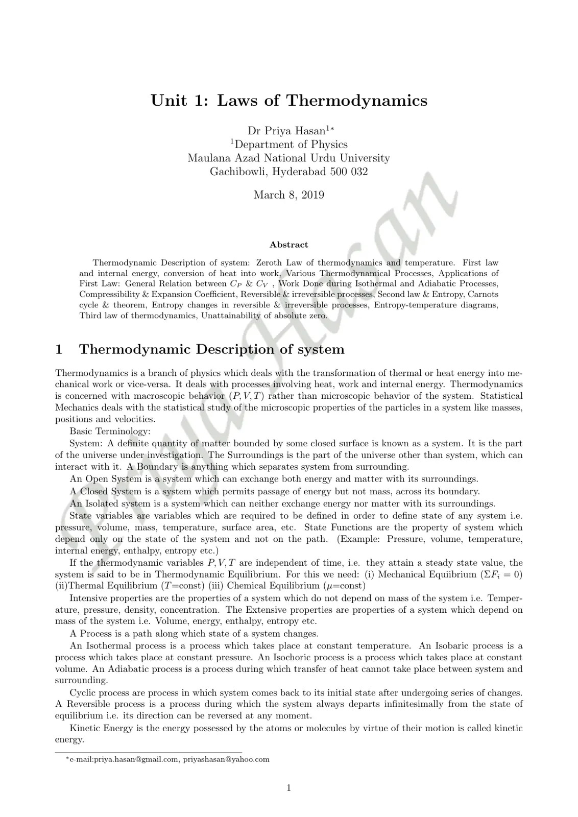 غلاف تقرير Unit 1: Laws of Thermodynamics