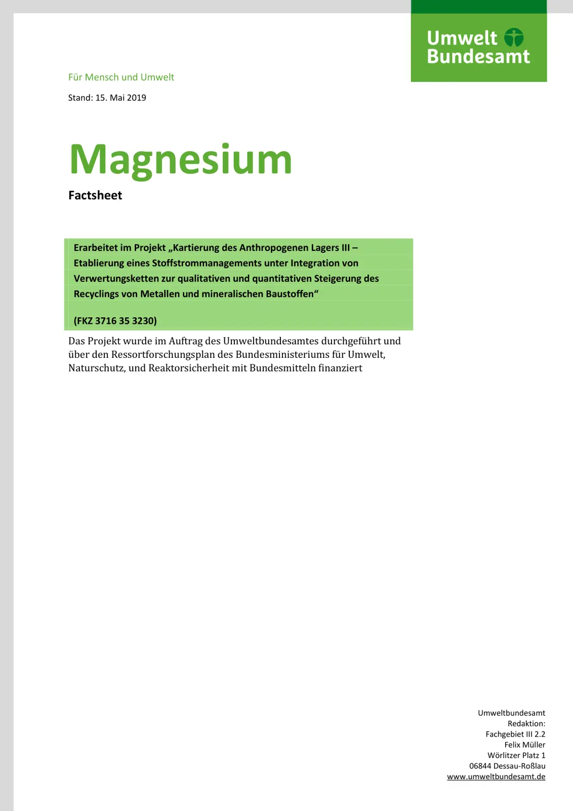 غلاف تقرير Magnesium – Factsheet
