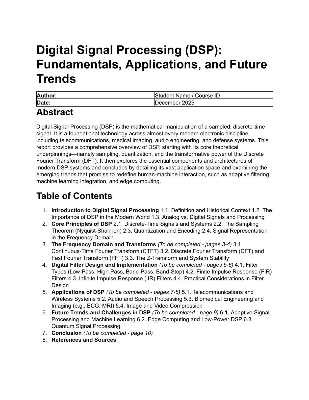 غلاف تقرير Digital Signal Processing (DSP): Fundamentals, Applications, and Future Trends