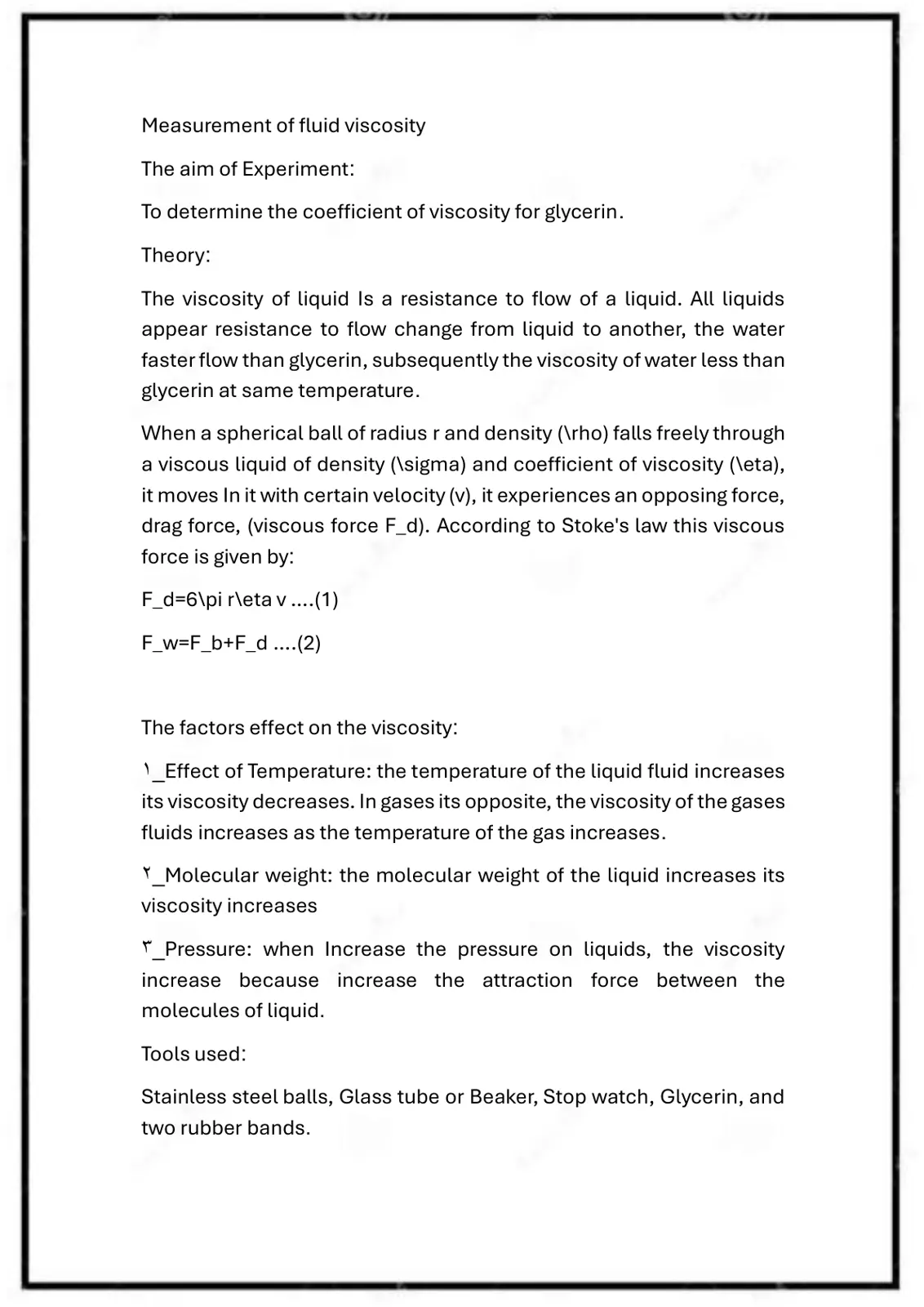 غلاف تقرير Measurement of Fluid Viscosity