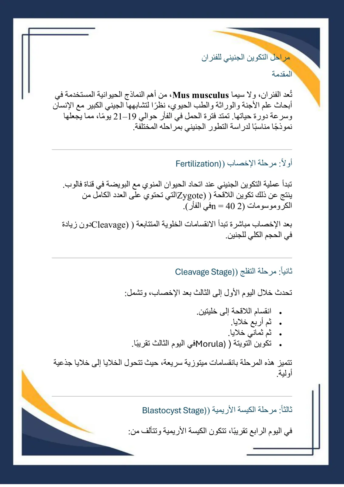 غلاف تقرير مراحل التكوين الجنيني للفئران