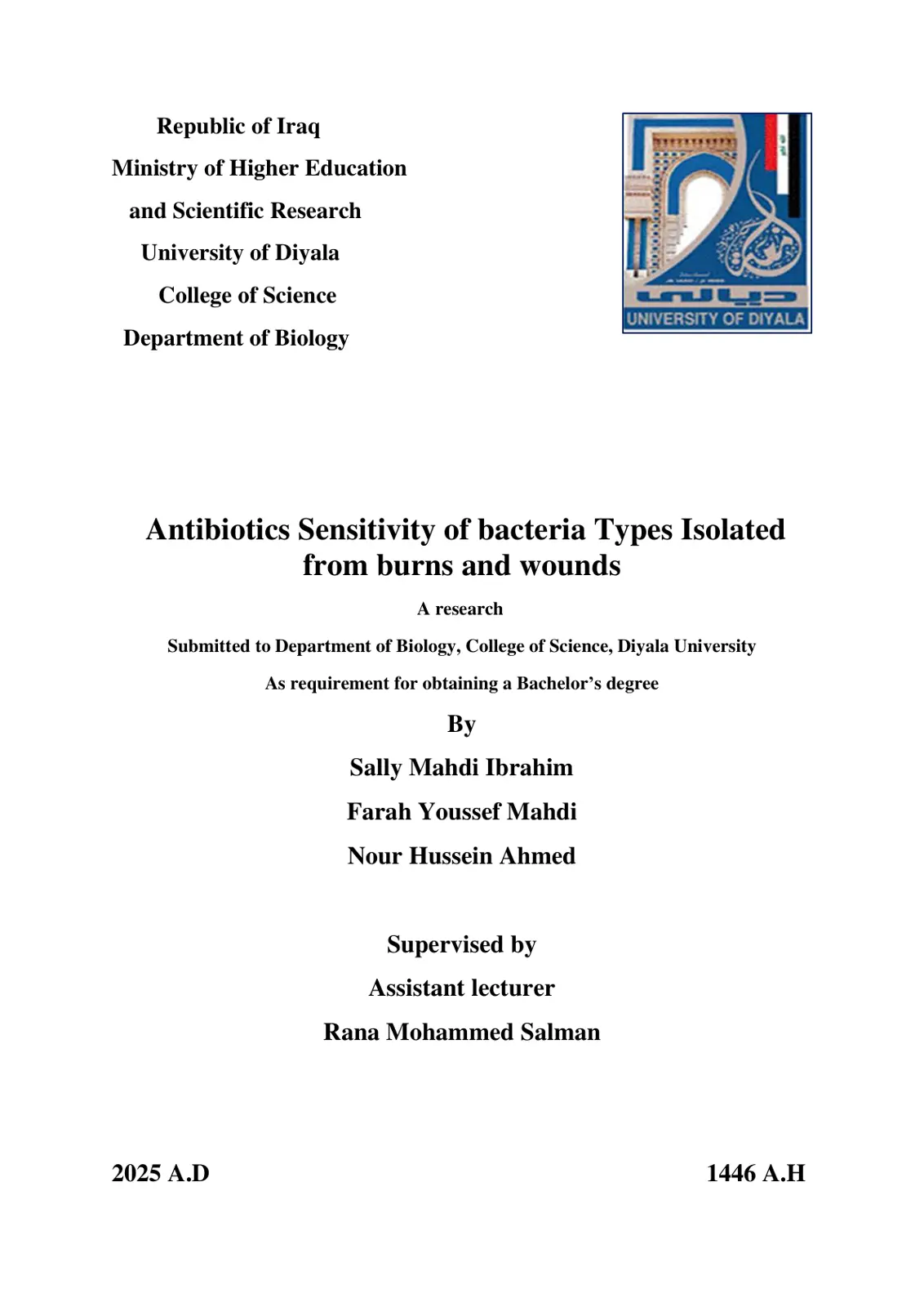 غلاف تقرير Antibiotics Sensitivity of Bacteria Types Isolated from Burns and Wounds