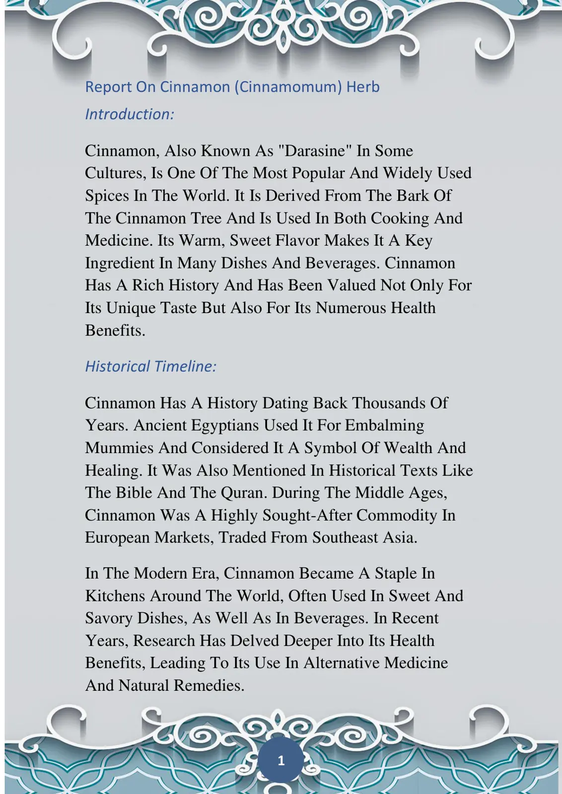 غلاف تقرير Report On Cinnamon (Cinnamomum) Herb