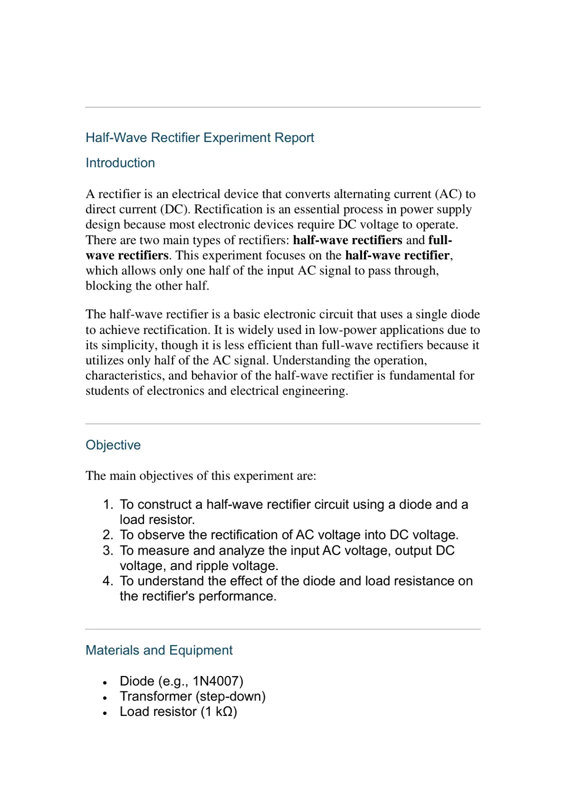 غلاف تقرير Half-Wave Rectifier Experiment Report
