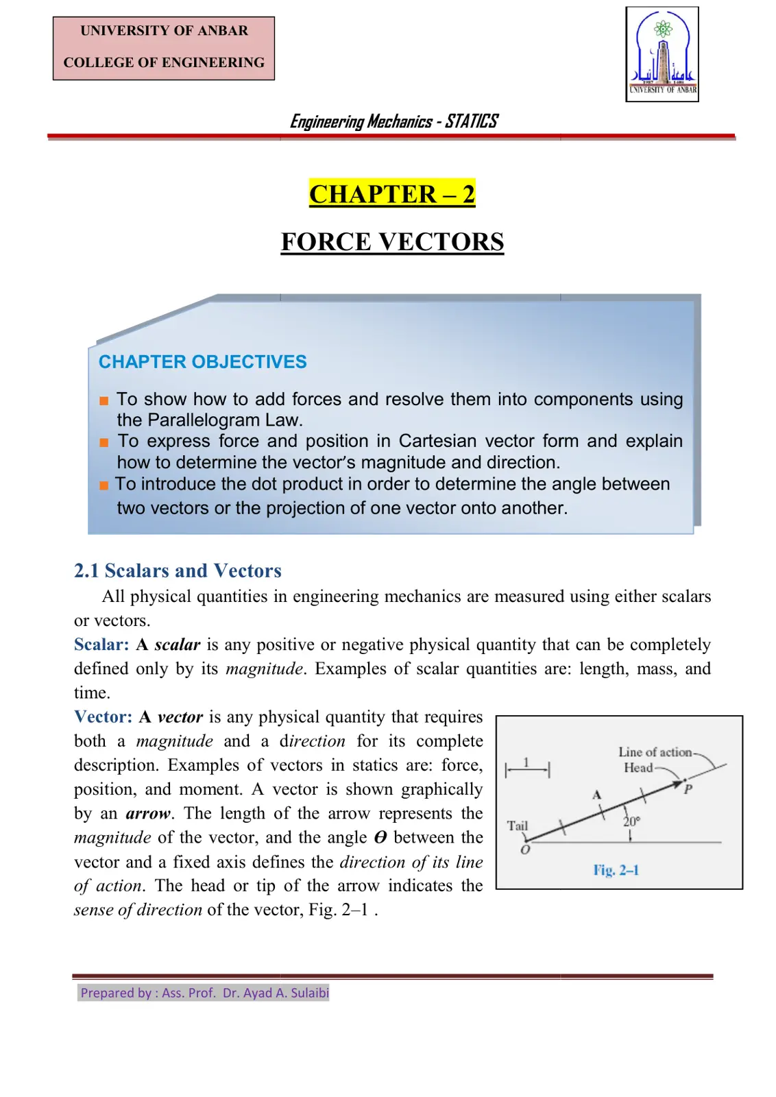 غلاف تقرير Engineering Mechanics - STATICS CHAPTER -2 FORCE VECTORS