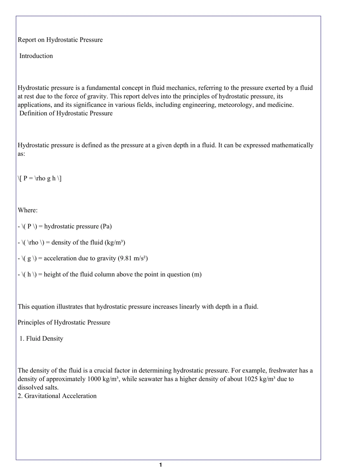 غلاف تقرير Report on Hydrostatic Pressure
