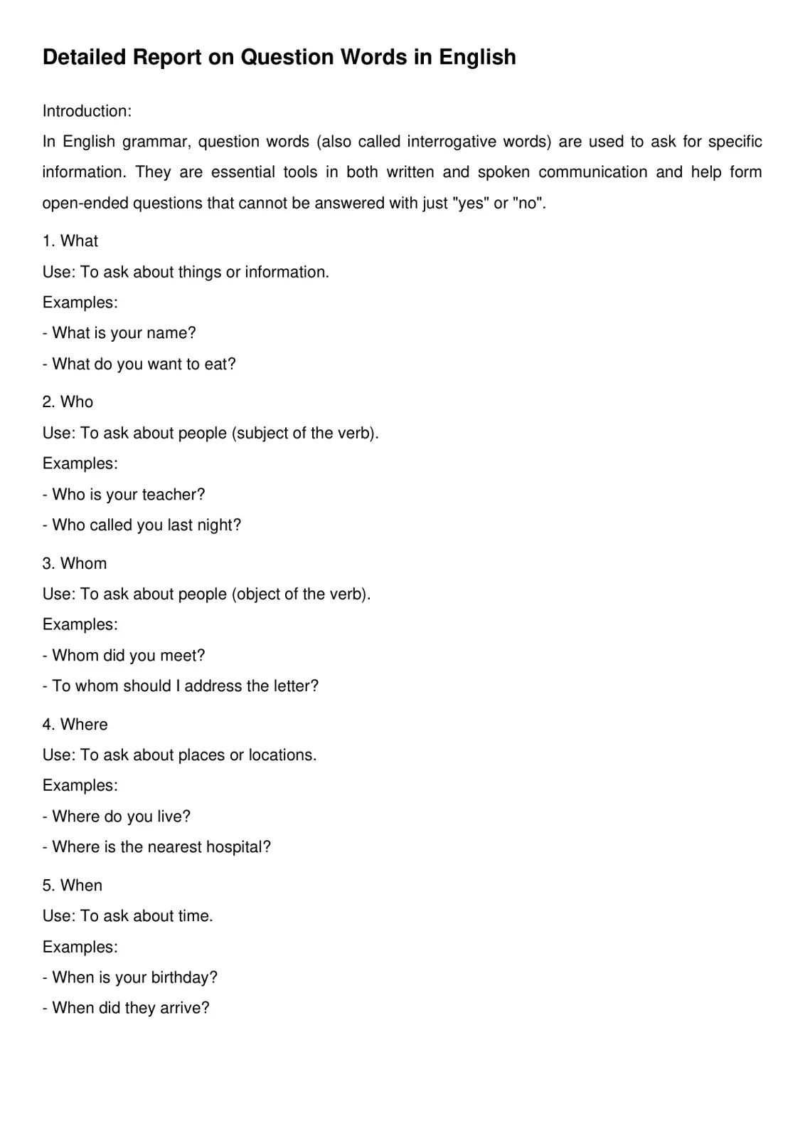غلاف تقرير Detailed Report on Question Words in English