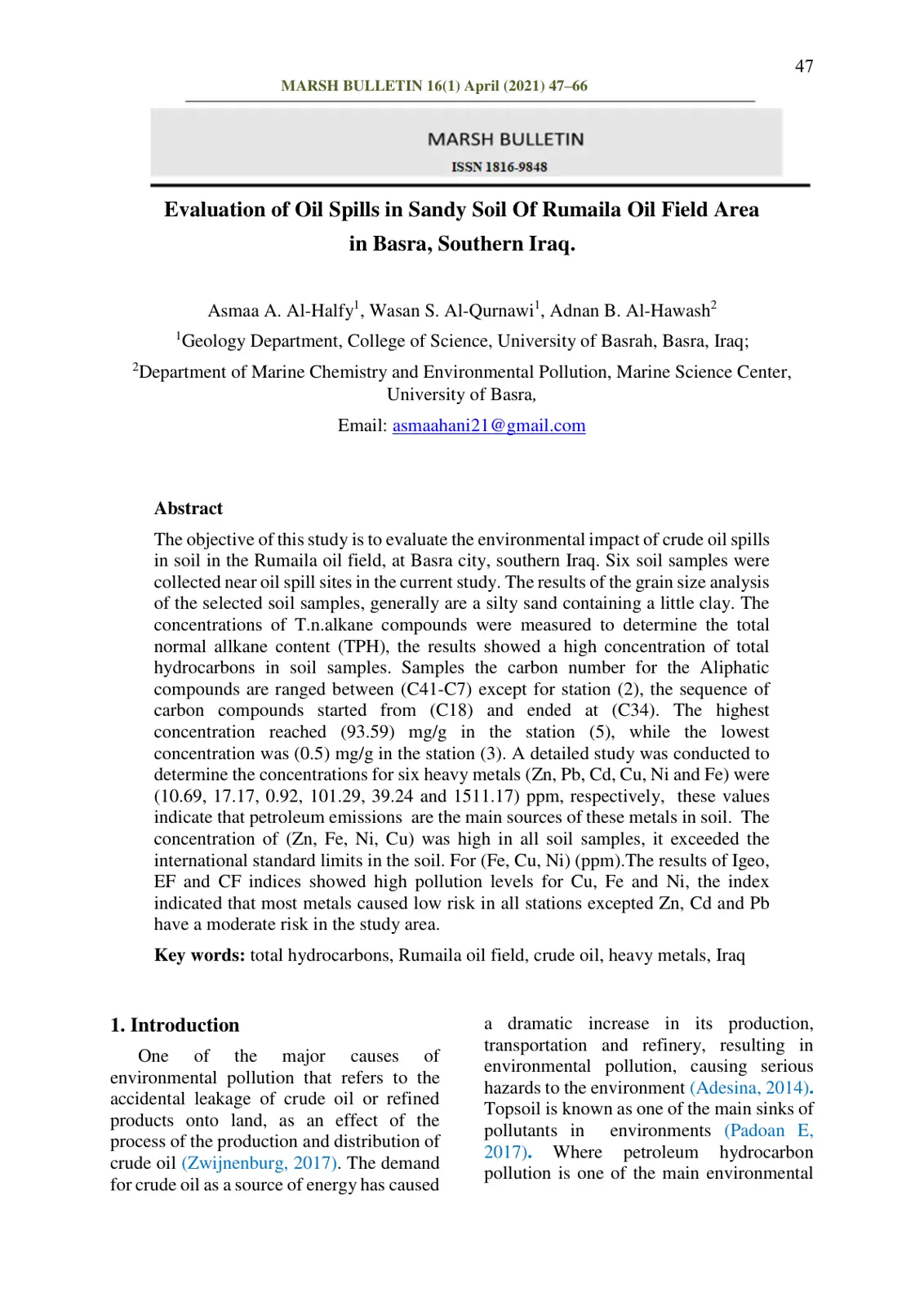 غلاف تقرير Evaluation of Oil Spills in Sandy Soil Of Rumaila Oil Field Area in Basra, Southern Iraq