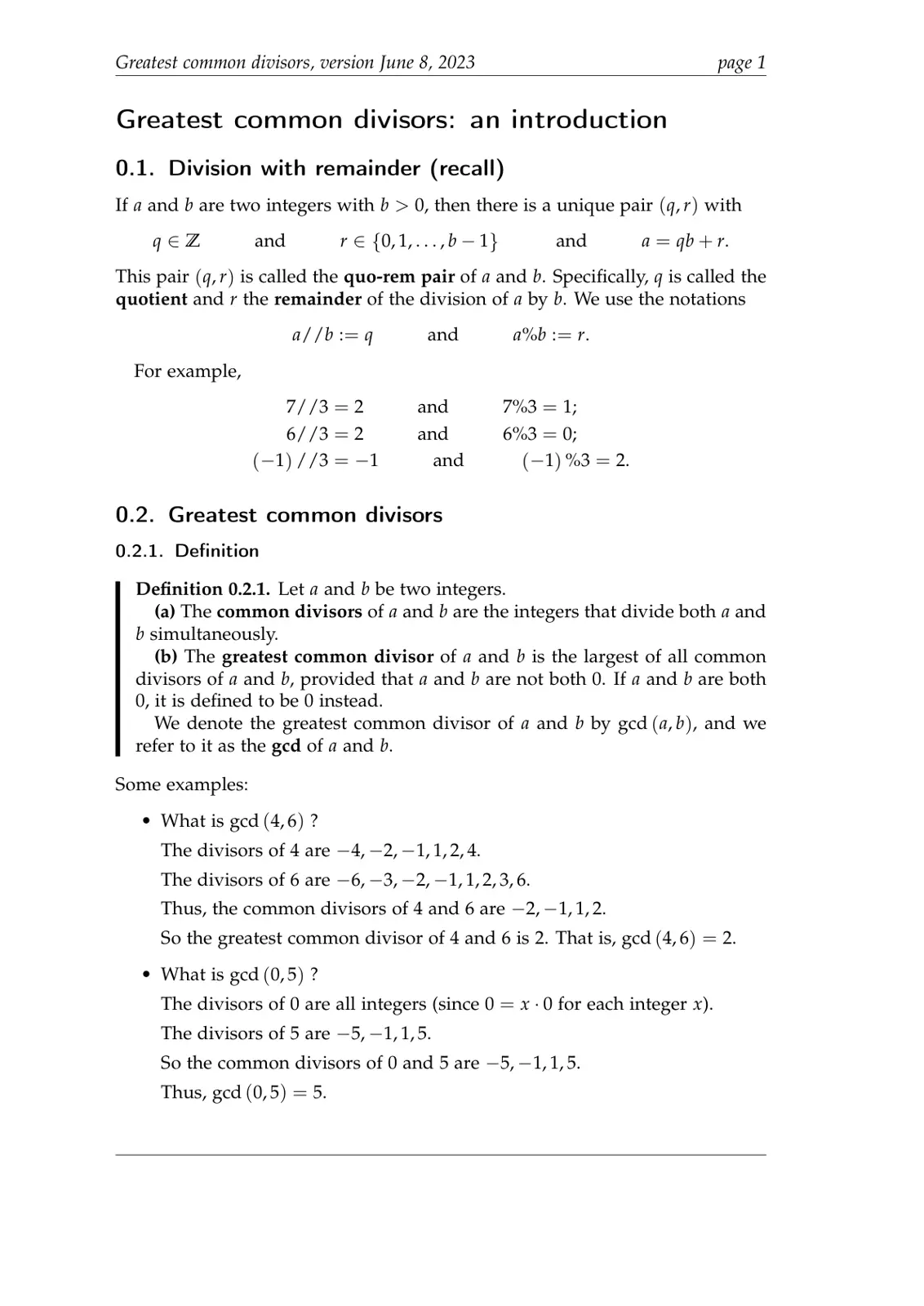 غلاف تقرير Greatest common divisors, version June 8, 2023