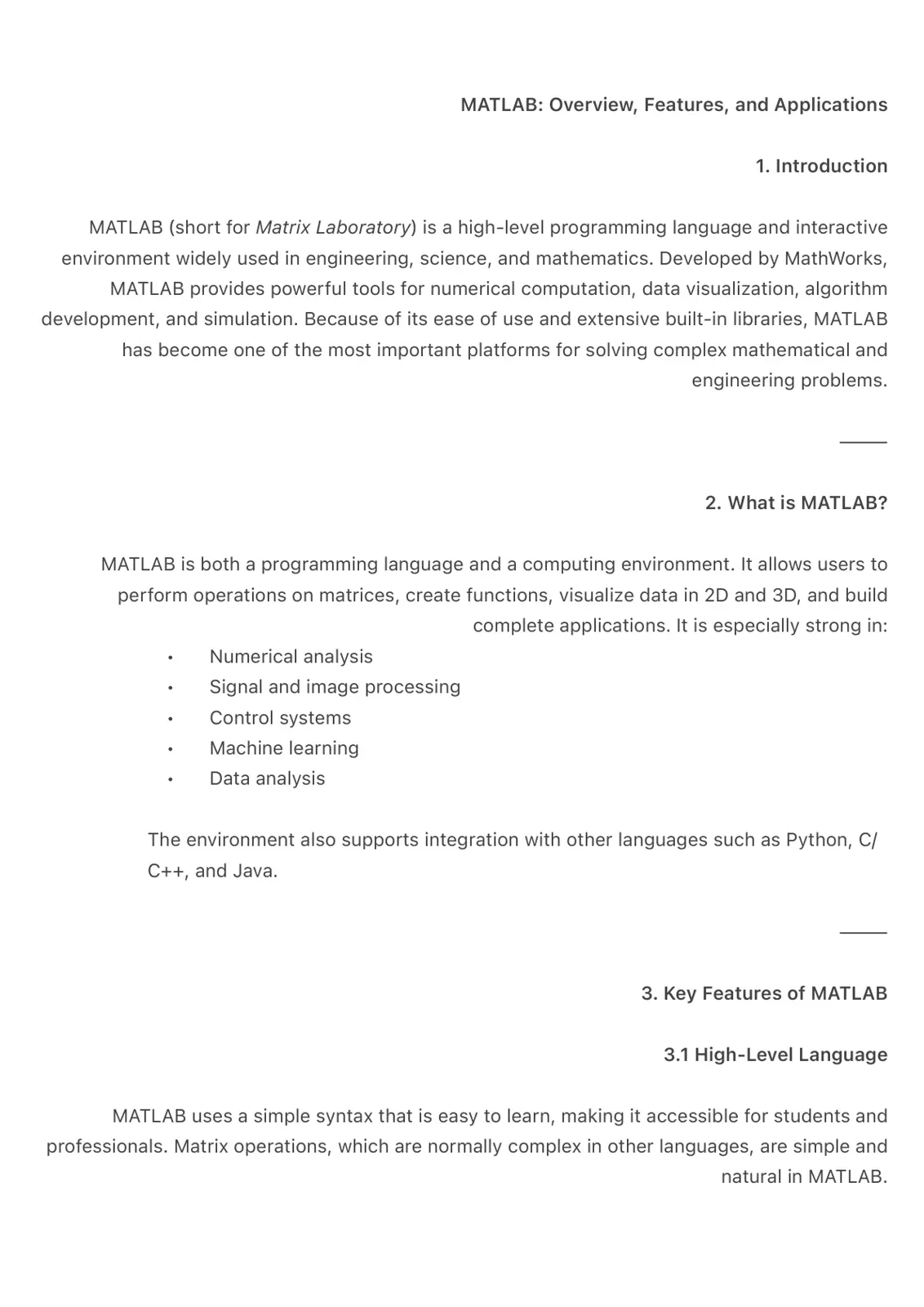 غلاف تقرير MATLAB: Overview, Features, and Applications
