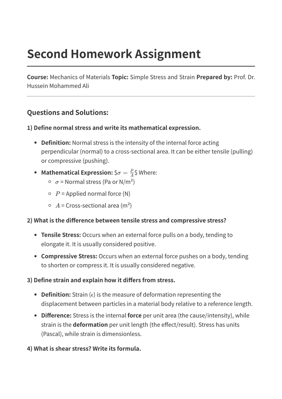 غلاف تقرير Second Homework Assignment - Mechanics of Materials: Simple Stress and Strain