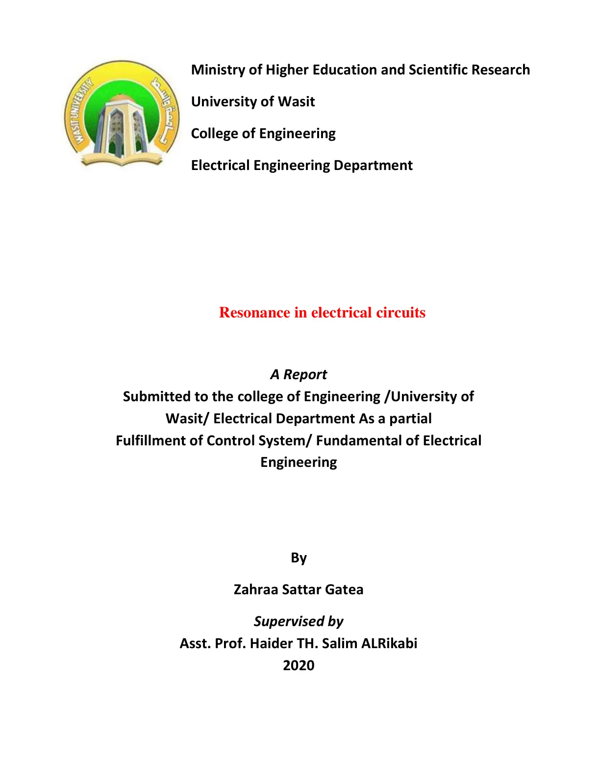 غلاف تقرير Resonance in Electrical Circuits