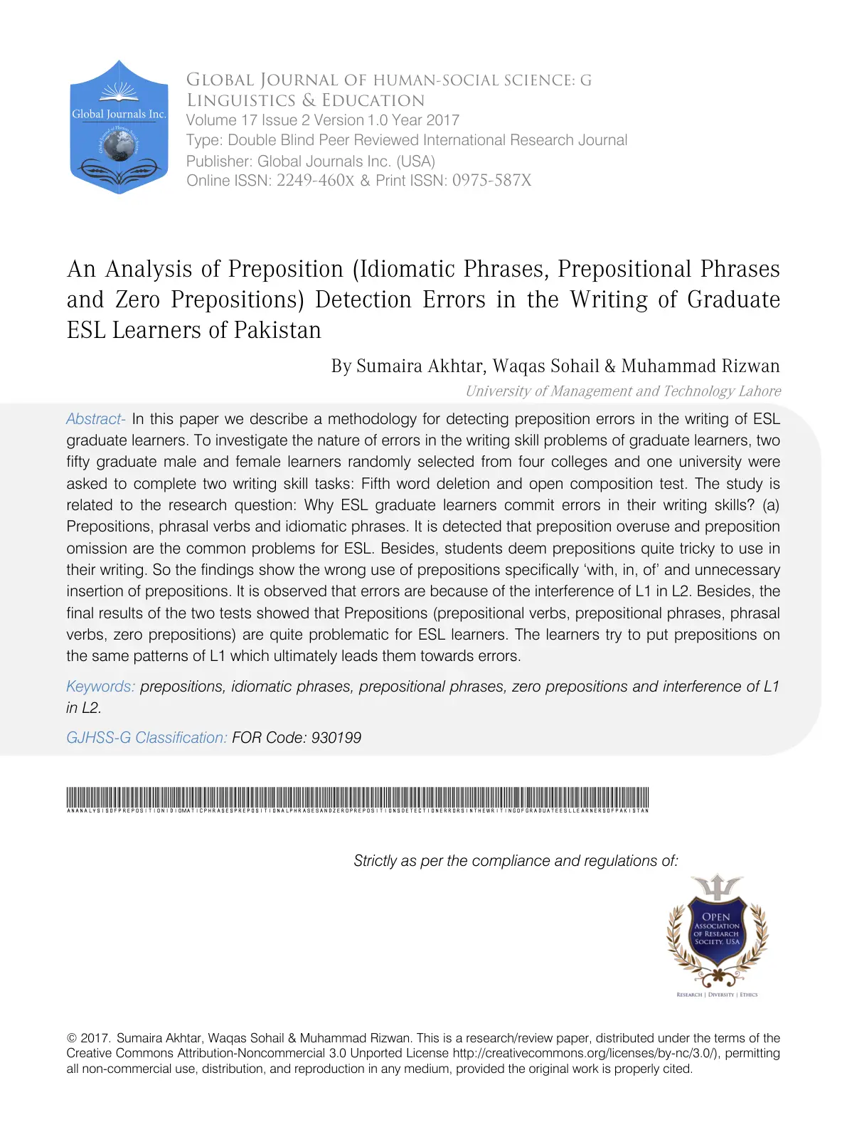 غلاف تقرير An Analysis of Preposition (Idiomatic Phrases, Prepositional Phrases and Zero Prepositions) Detection Errors in the Writing of Graduate ESL Learners of Pakistan