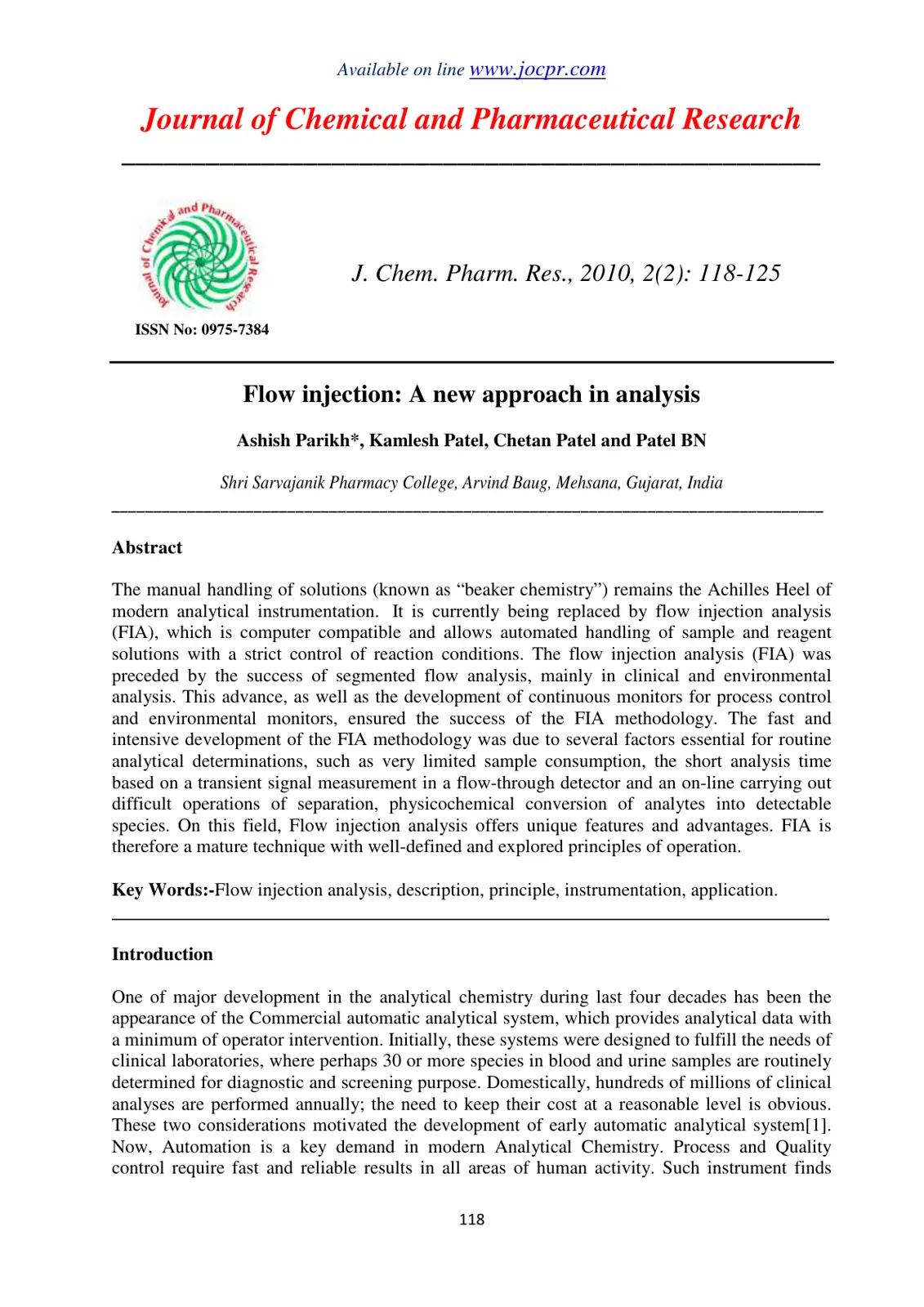غلاف تقرير Flow injection: A new approach in analysis