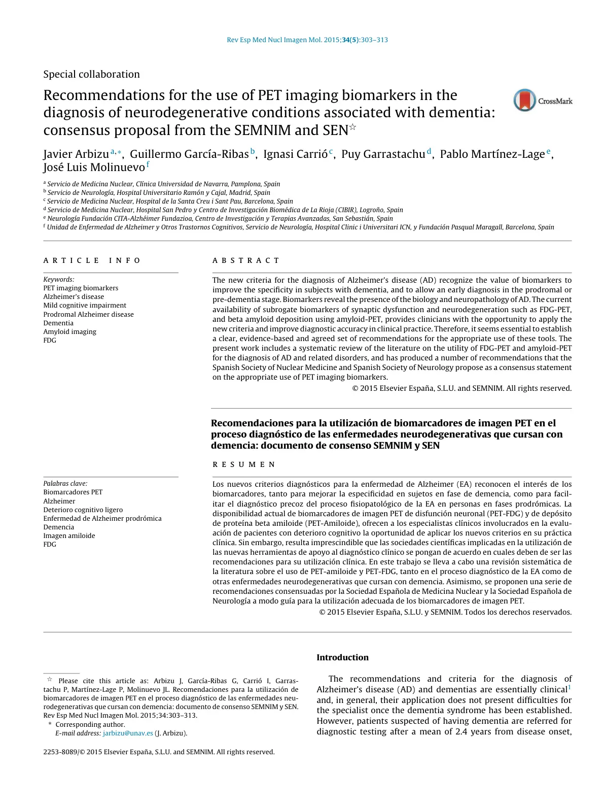 غلاف تقرير Recommendations for the use of PET imaging biomarkers in the diagnosis of neurodegenerative conditions associated with dementia: consensus proposal from the SEMNIM and SEN*
