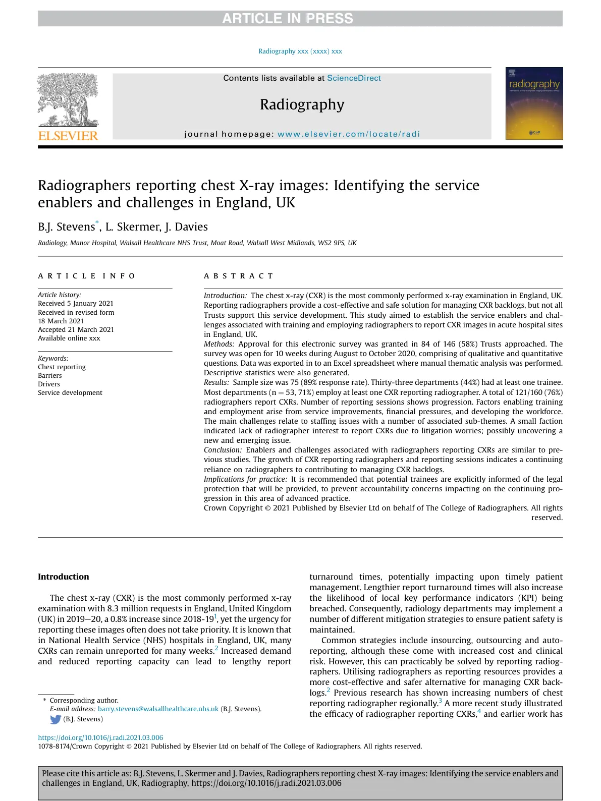 غلاف تقرير Radiographers reporting chest X-ray images: Identifying the service enablers and challenges in England, UK