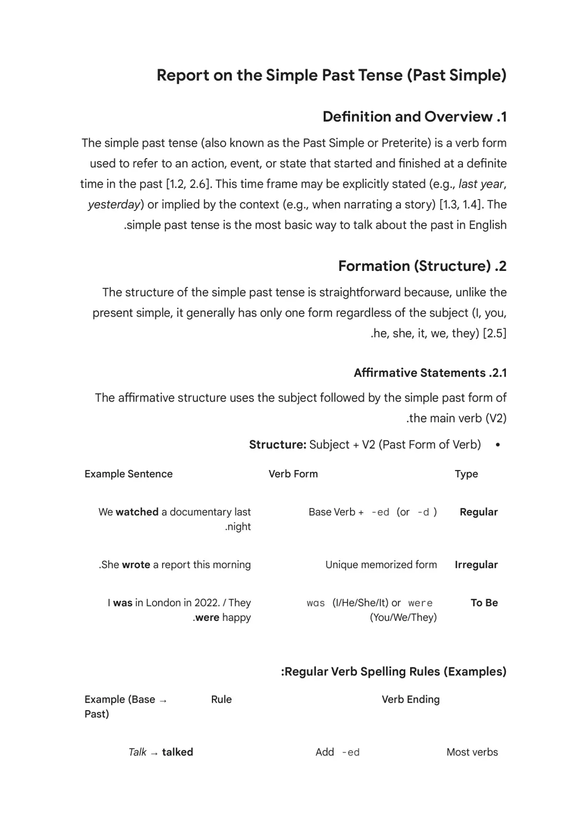 غلاف تقرير Report on the Simple Past Tense (Past Simple)