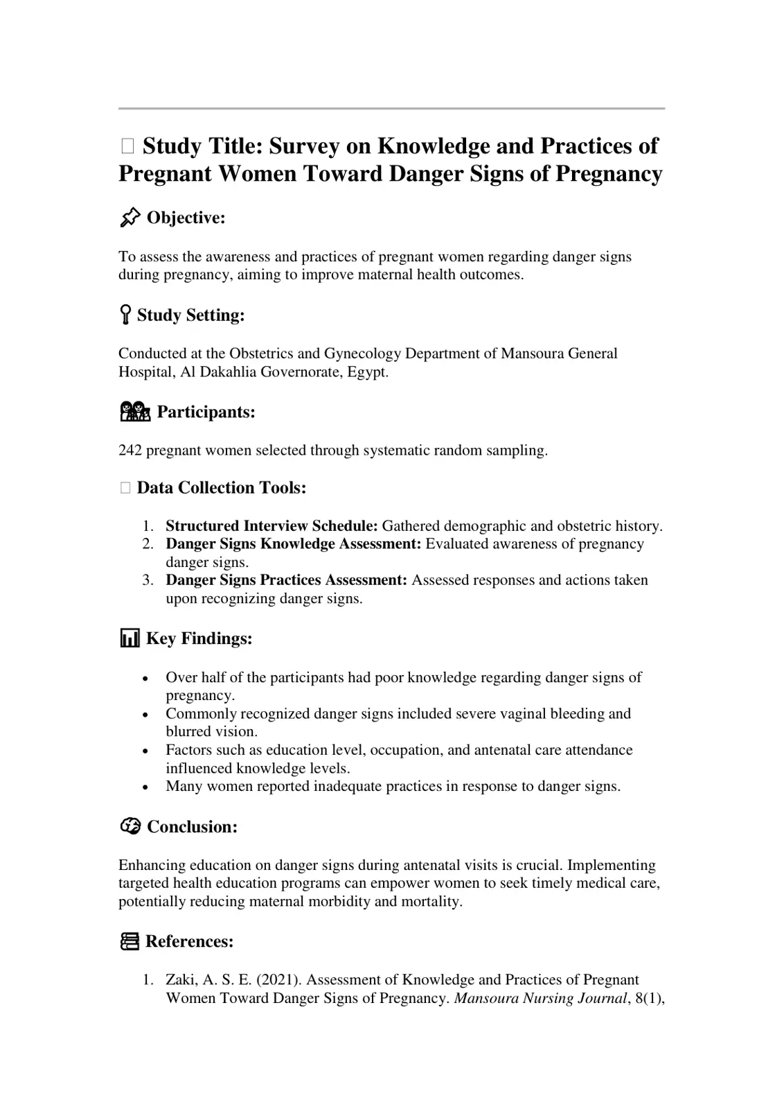 غلاف تقرير Survey on Knowledge and Practices of Pregnant Women Toward Danger Signs of Pregnancy