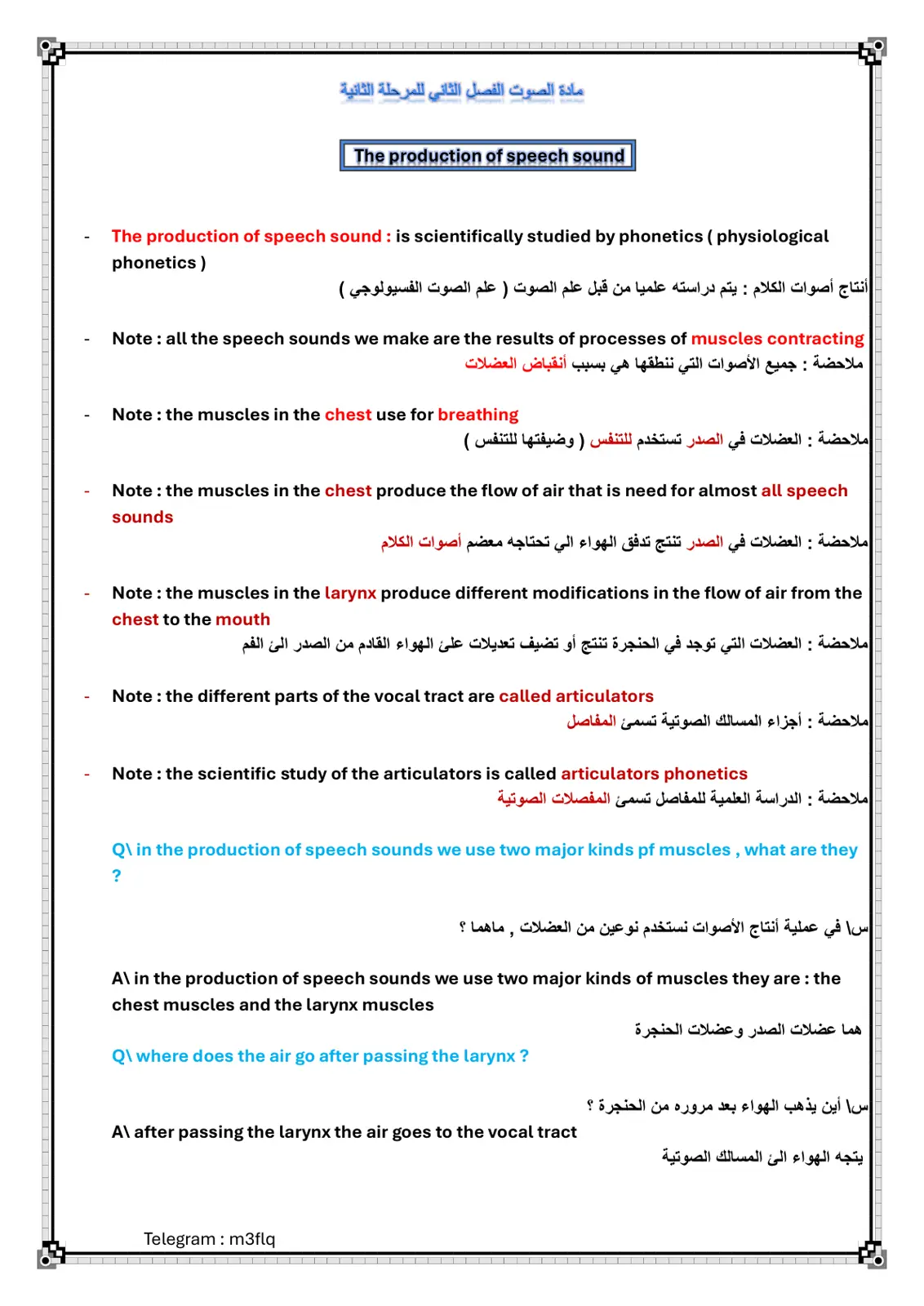 غلاف تقرير مادة الصوت الفصل الثاني للمرحلة الثانية - The Production of Speech Sound