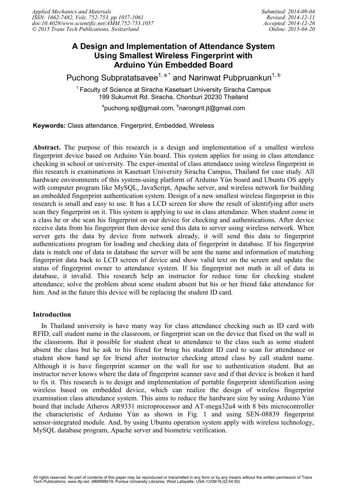 غلاف تقرير A Design and Implementation of Attendance System Using Smallest Wireless Fingerprint with Arduino Yún Embedded Board