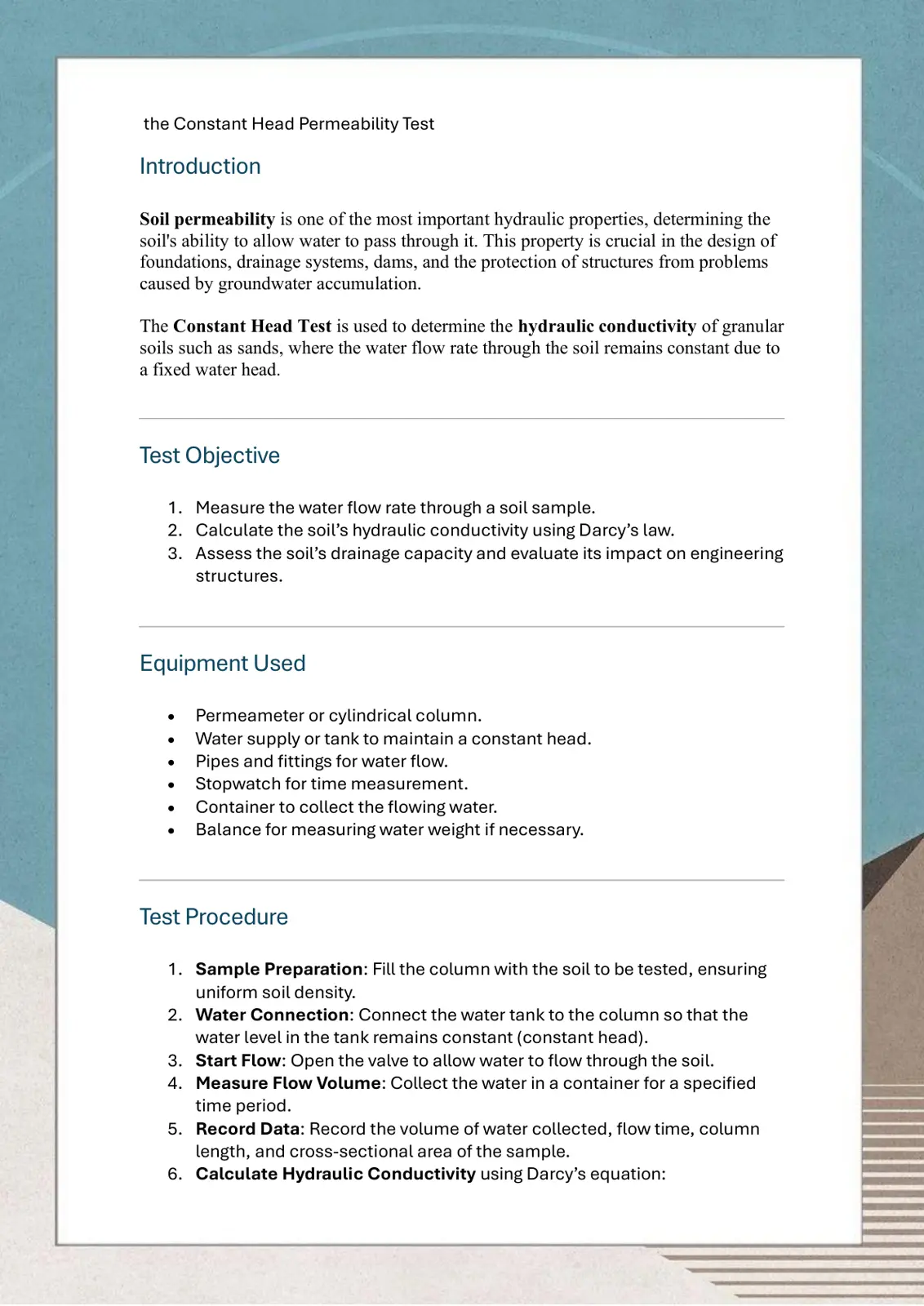 غلاف تقرير The Constant Head Permeability Test