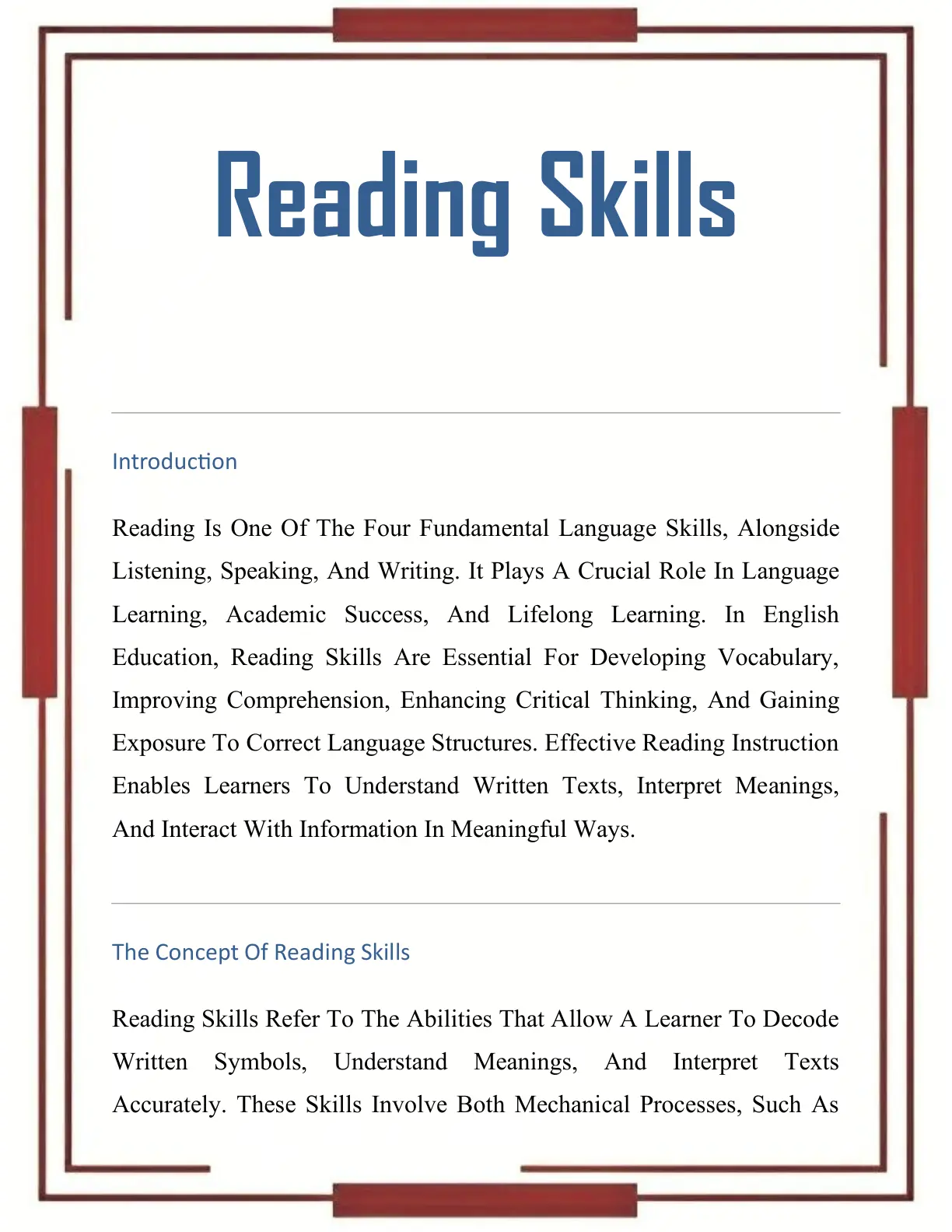 غلاف تقرير Reading Skills