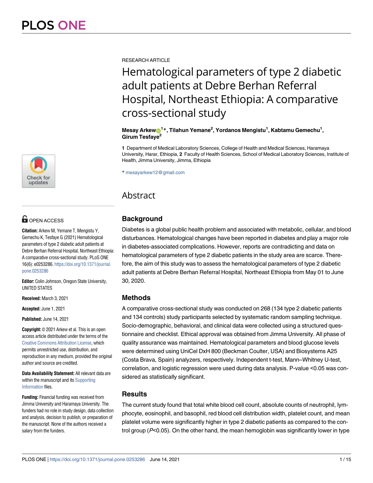 غلاف تقرير Hematological Parameters of Type 2 Diabetic Adult Patients at Debre Berhan Referral Hospital, Northeast Ethiopia: A Comparative Cross-Sectional Study