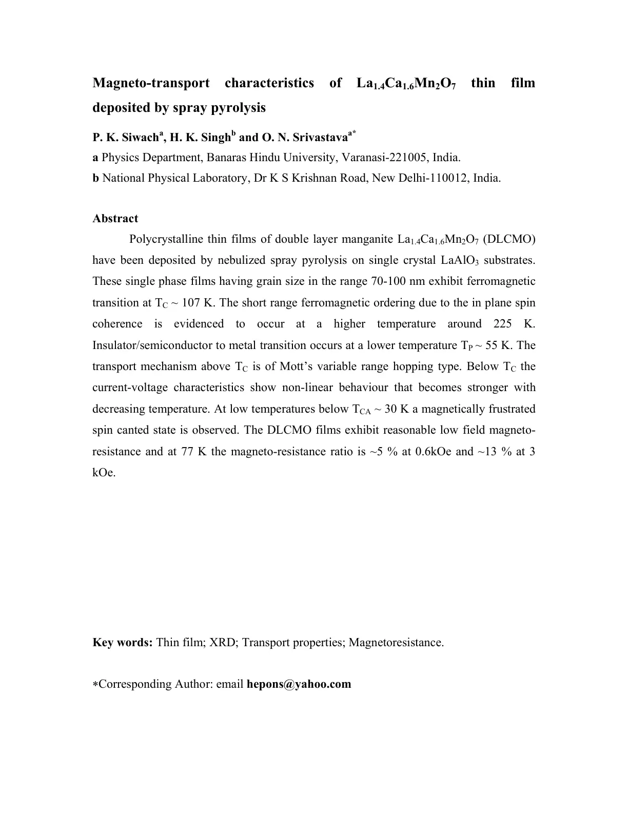 غلاف تقرير Magneto-Transport Characteristics of La1.4Ca1.6Mn2O7 Thin Film Deposited by Spray Pyrolysis