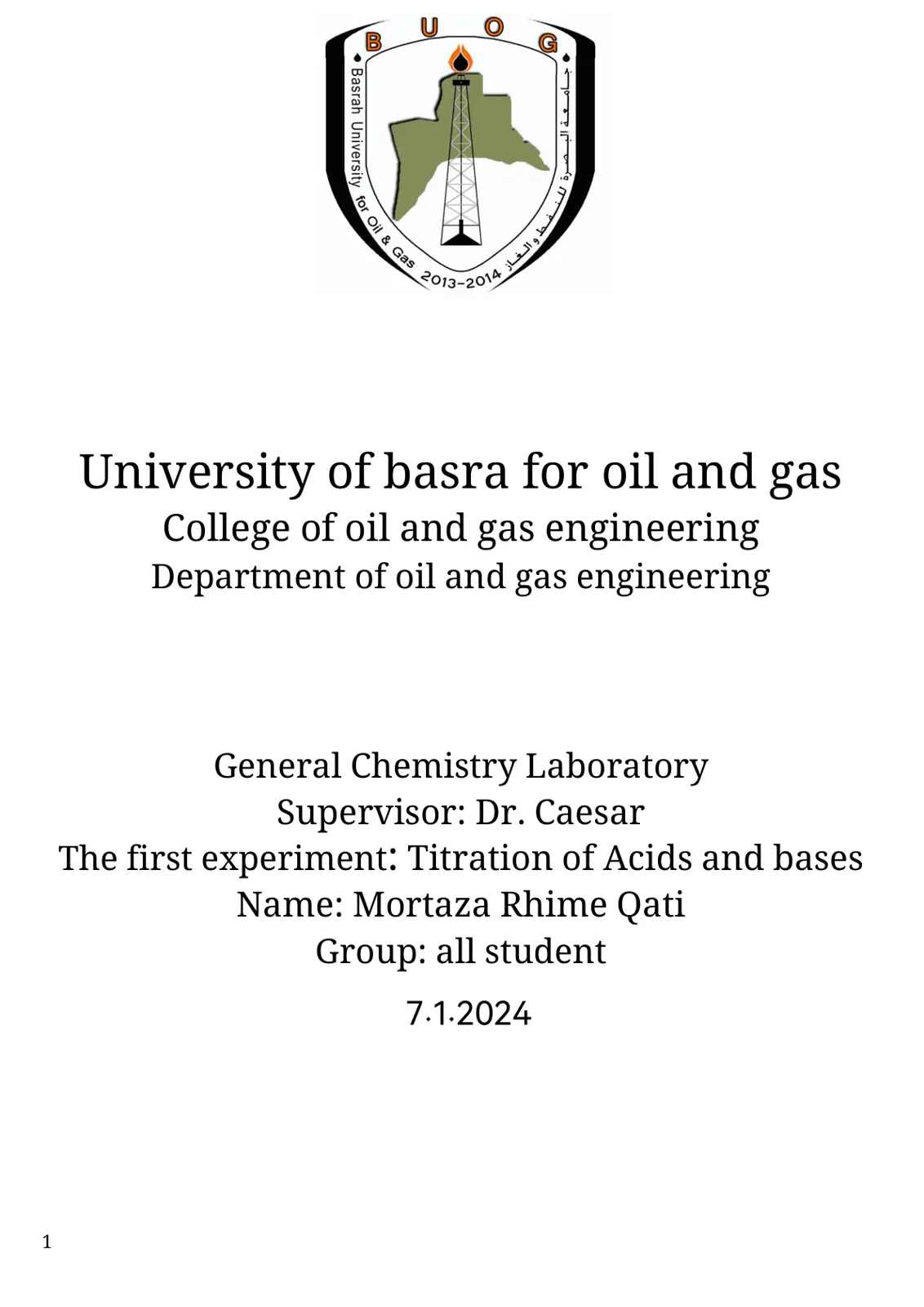 غلاف تقرير General Chemistry Laboratory – Titration of Acids and Bases