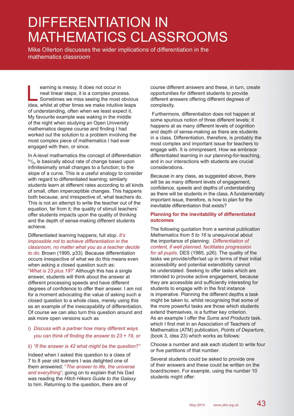 غلاف تقرير Differentiation in Mathematics Classrooms