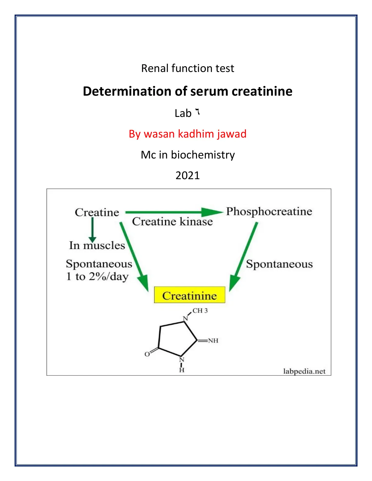 غلاف تقرير Renal function test – Determination of serum creatinine